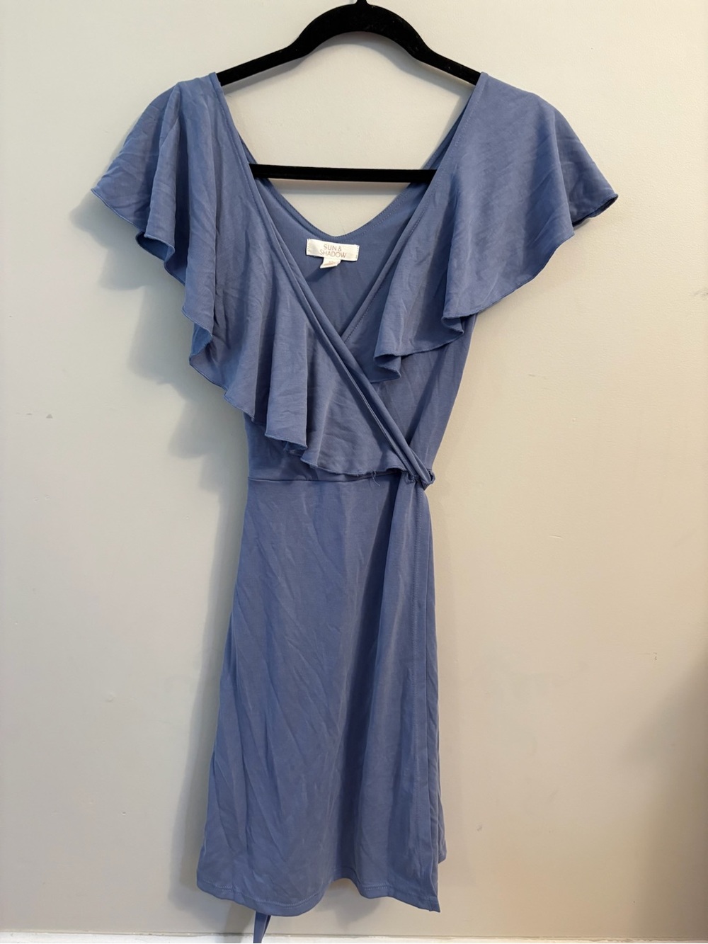 Sun & Shadow Dusty Blue Midi Wrap Dress with Flutter Sleeves